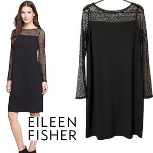 Eileen Fisher Black Crochet Lace Jersey Shift Dress Bateau Neck Size Small